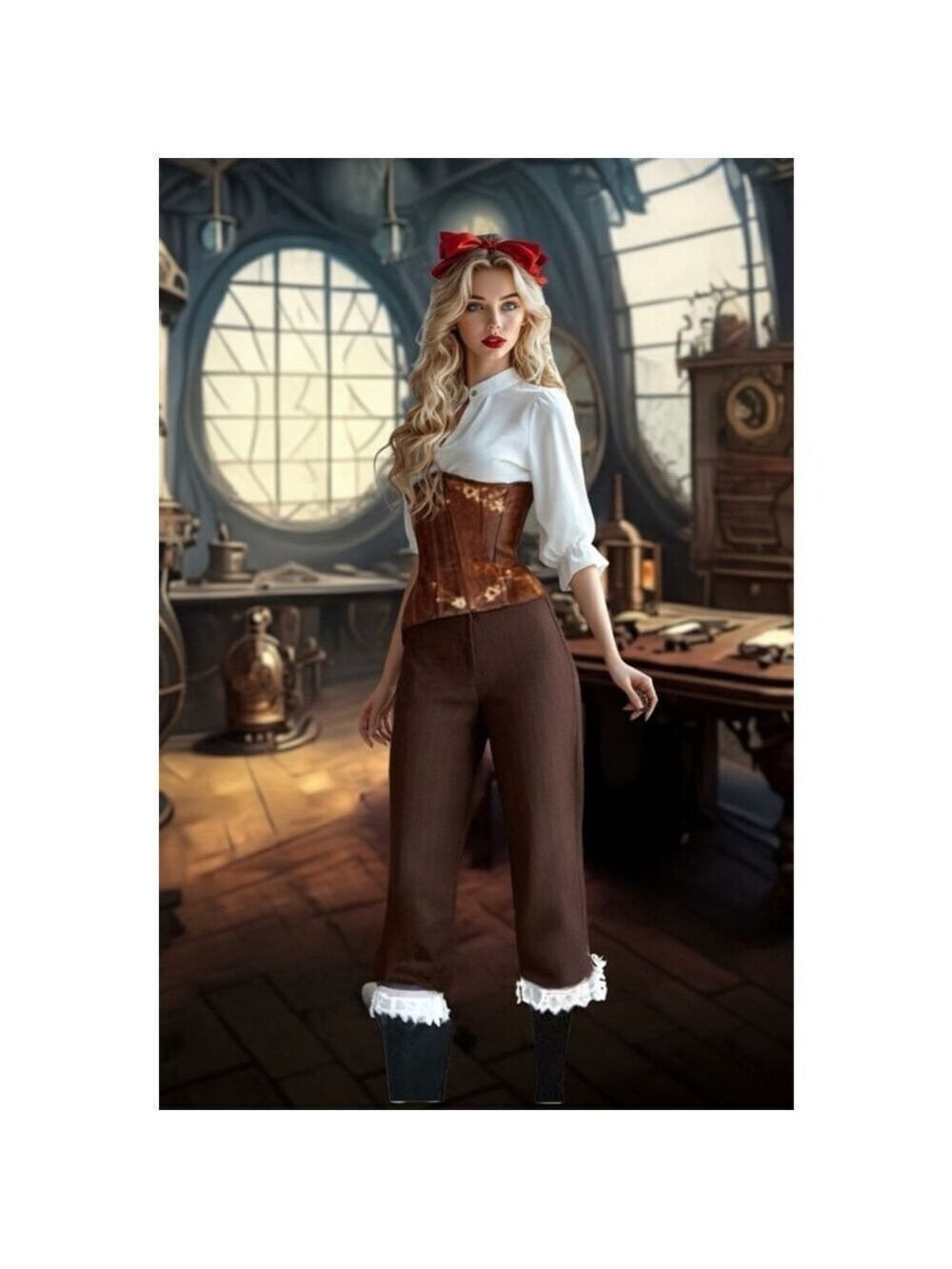 Brown Pin Stripe Lace Trim Corset Ribbon Steampunk Pants - Picture 6 of 16